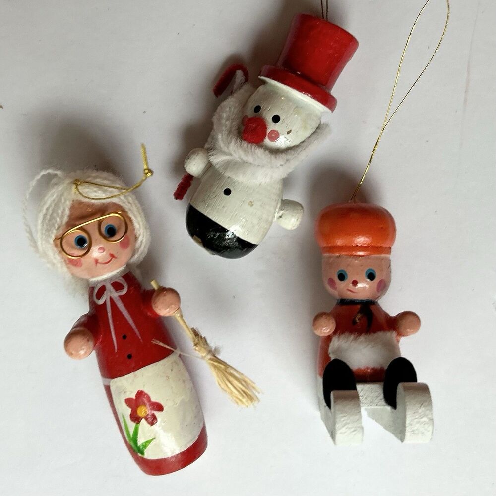 VTG 80s Wooden Christmas Ornament Lot-  3pc Mrs. Claus, Bearded Snowman, Sledder